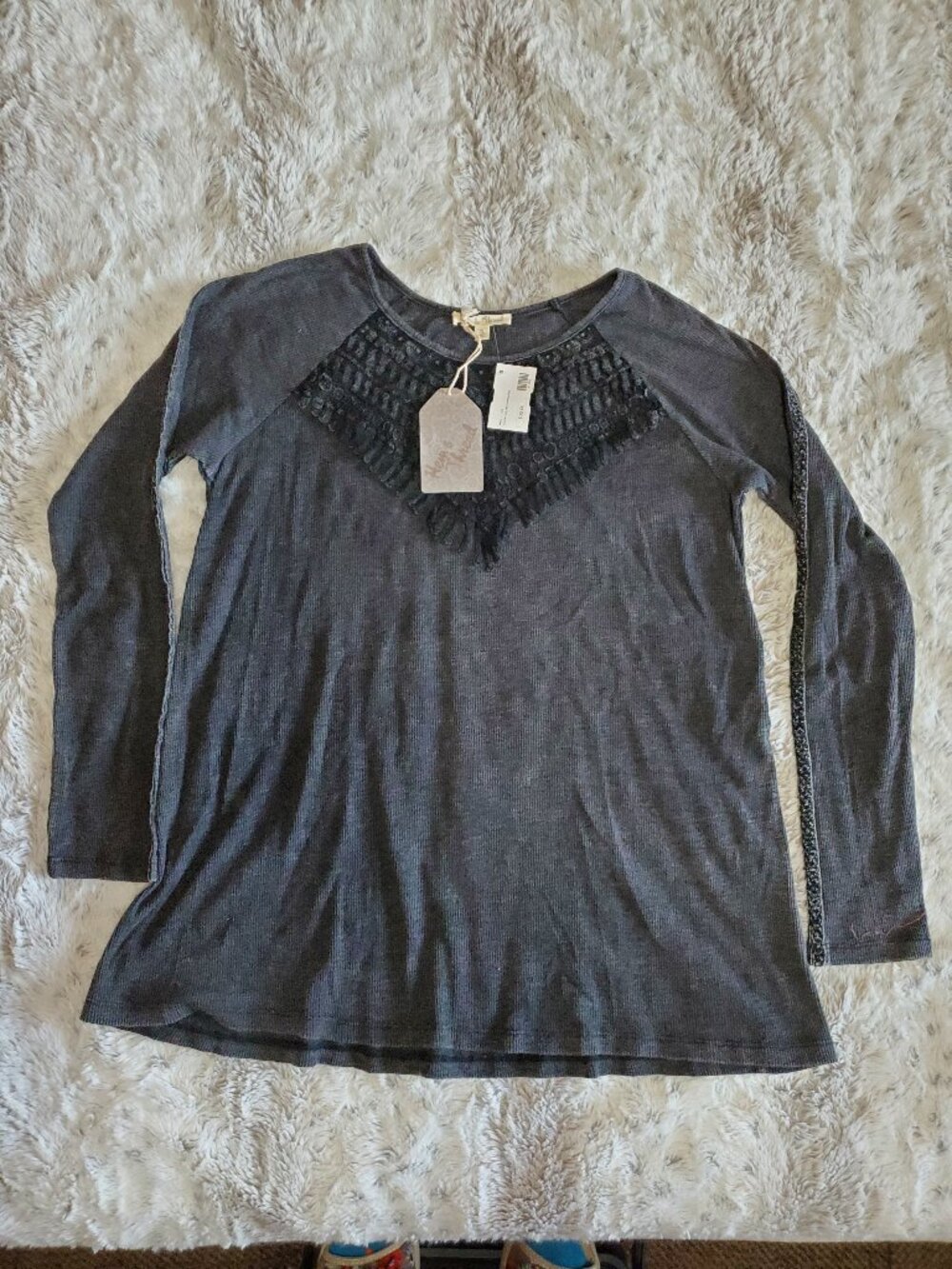 Hem & Thread Black Ribbed Long Sleeve Top with Crochet Fringe Neck Size M